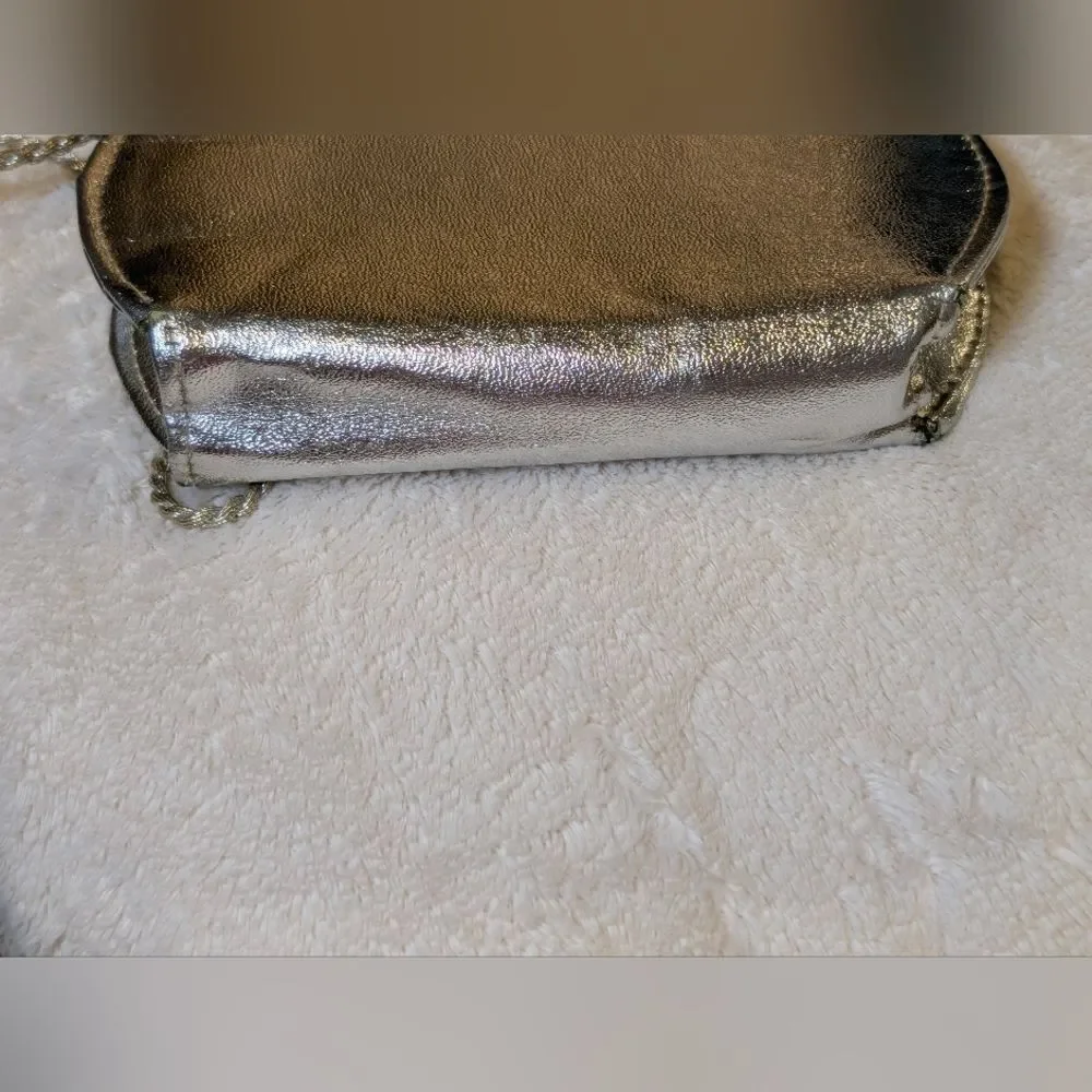 Vintage Silver Metallic Evening Bag Convertible Clutch Rhinestone Kiss Lock